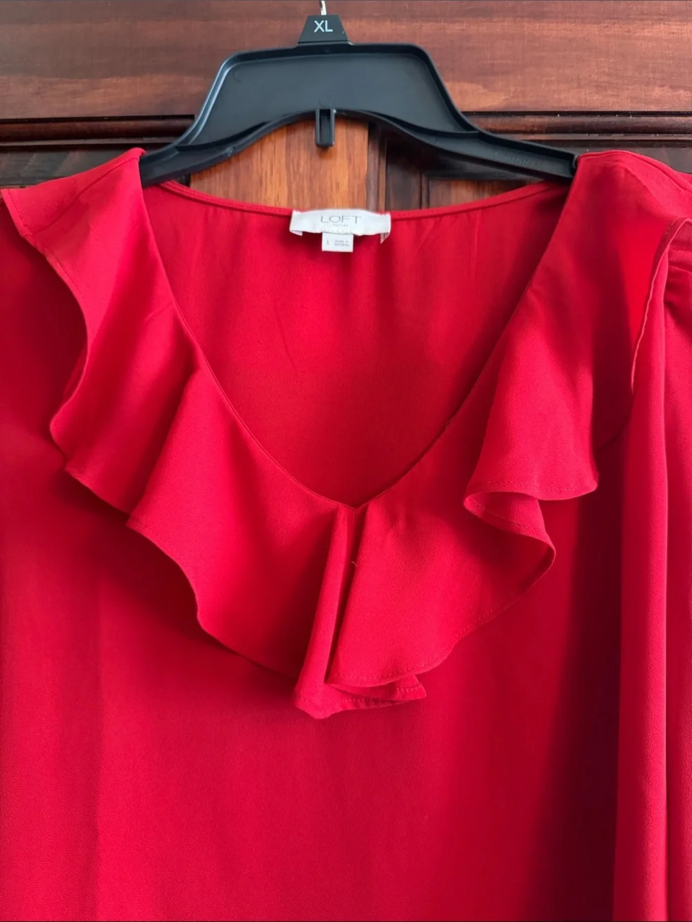 LOFT Red Ruffle V-Neck Long Sleeve Blouse